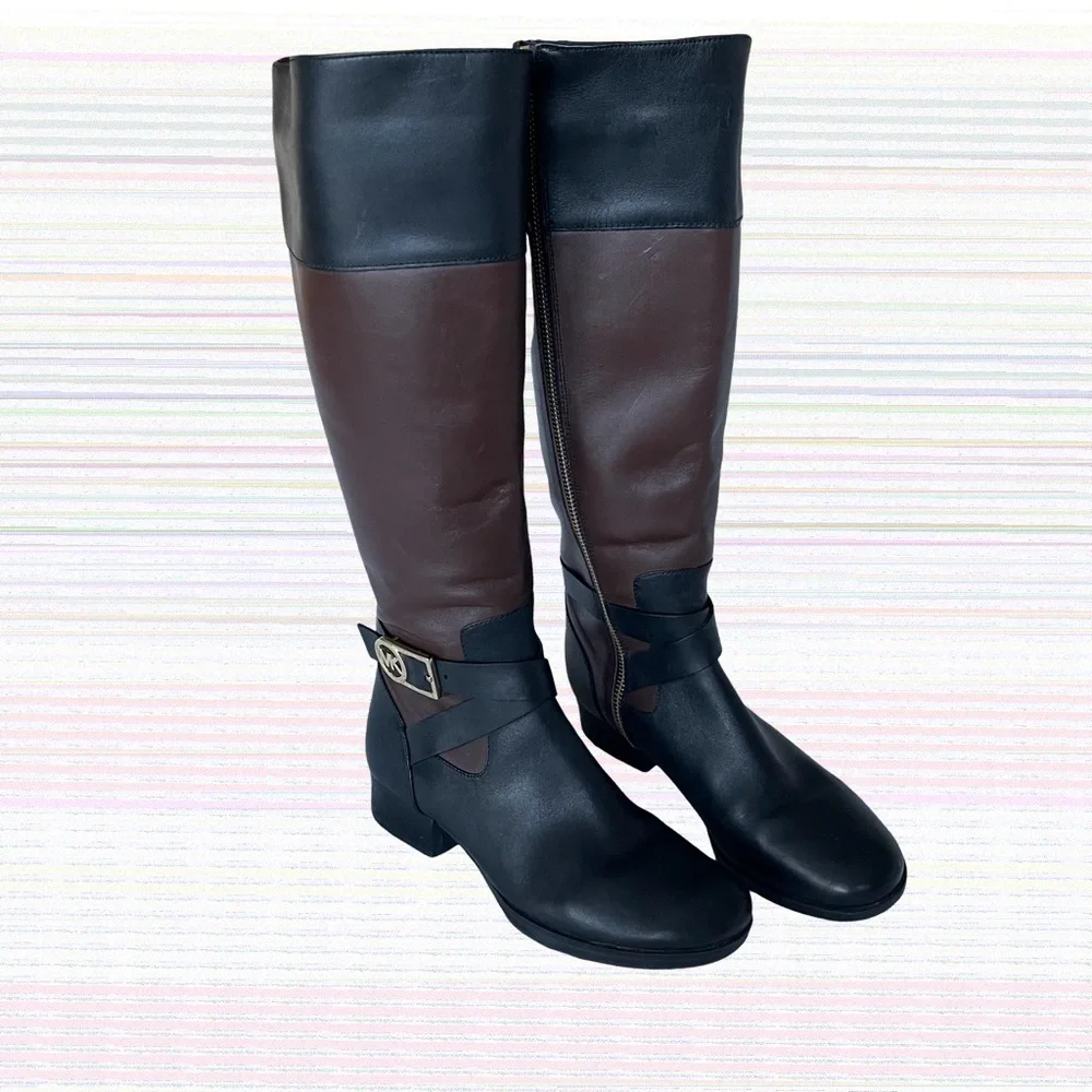 Michael Kors Black and Brown Leather Knee Boots with Gold hardware. Size 6